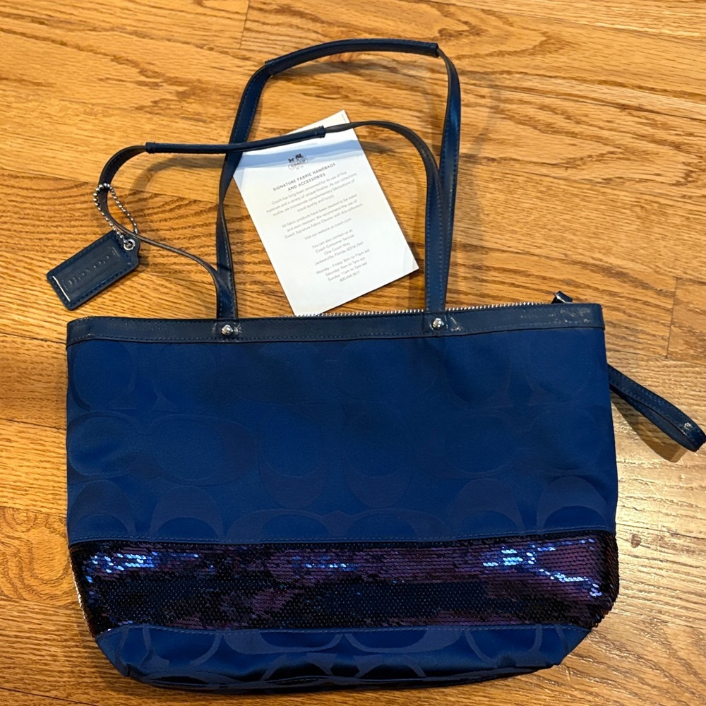 Coach Dark Blue Tote with Purple Sequin Accent